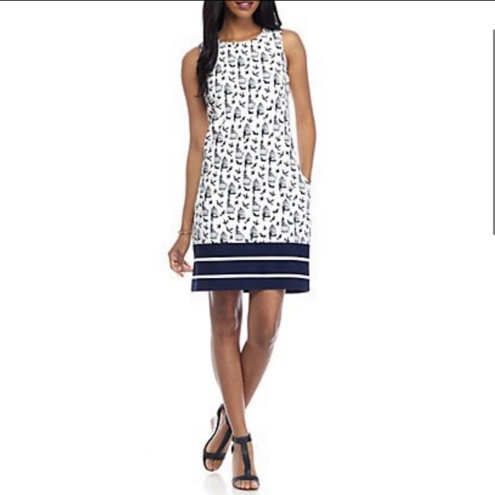 NWT! Julian Taylor White Blue Birds On the Border Print Dress 4